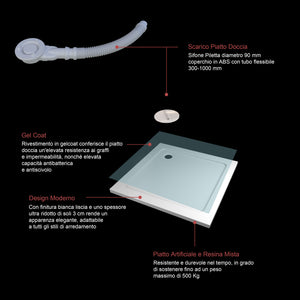 Piatto Doccia 100x100cm Bianco Spessore di 3 cm in Pietra Artificiale e Resina Minerale Mista Piletta Extra Piatta Sottile e Tubo inclusi
