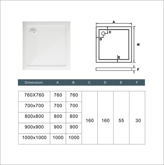 Piatto Doccia 70x70cm Bianco Spessore di 3 cm in Pietra Artificiale e Resina Minerale Mista Piletta Extra Piatta Sottile e Tubo inclusi