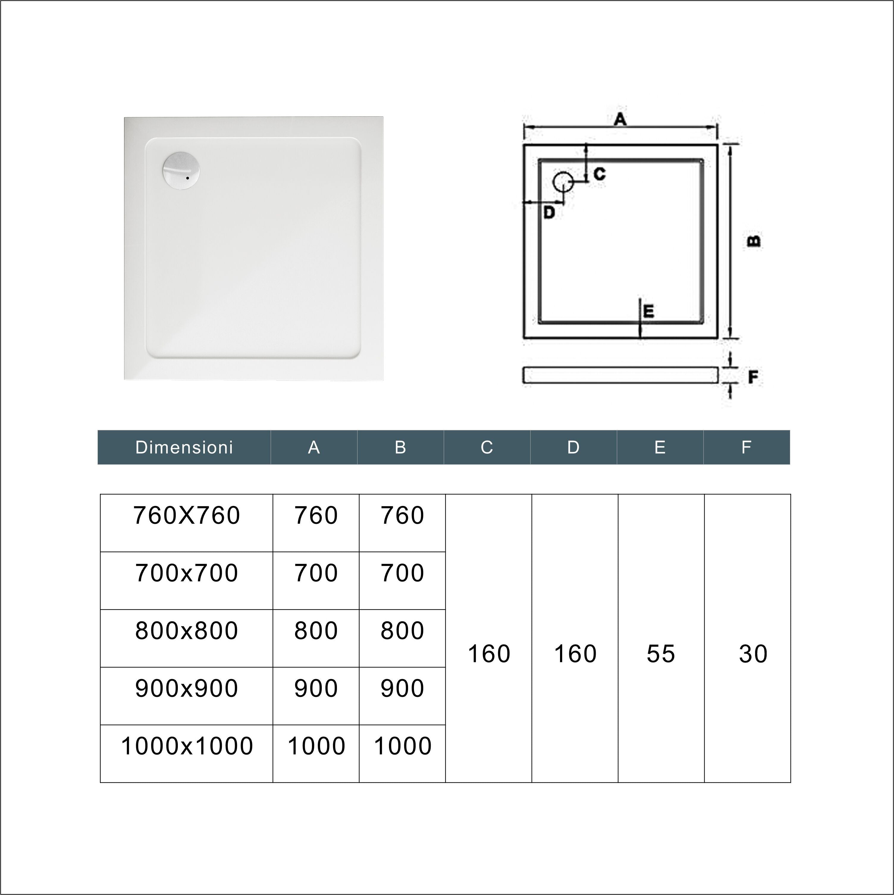 Piatto Doccia 90x90cm Bianco Spessore di 3 cm in Pietra Artificiale e Resina Minerale Mista Piletta Extra Piatta Sottile e Tubo inclusi