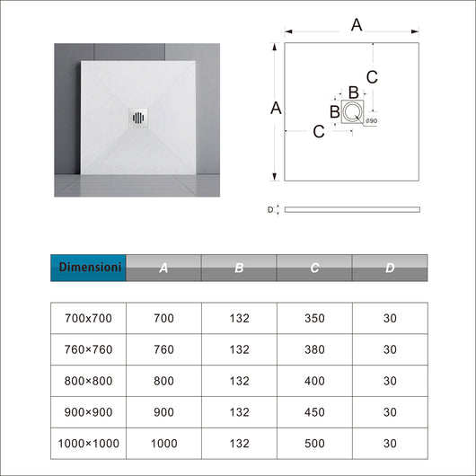 Piatto Doccia Bianco 76x76cm in Pietra Artificiale e Mesina Mista Effetto Ardesia Ruvido Piletta e Tubo inclusi Spessore di 3 cm