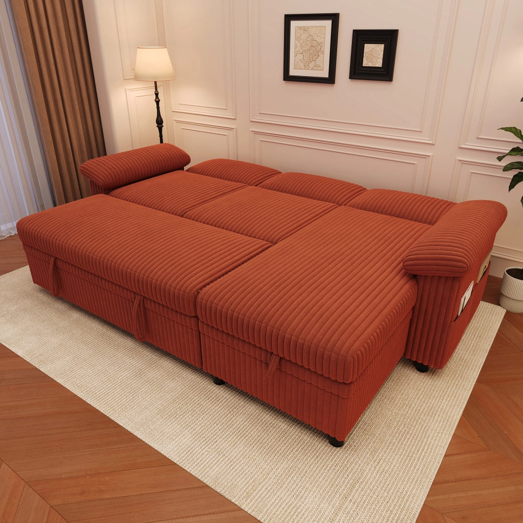 Divano angolare letto con contenitore; schienale regolabile e USB in corduroy arancione