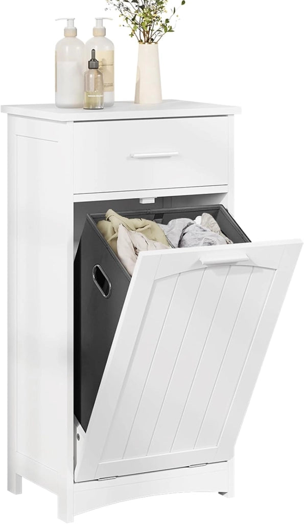 Mobile da Bagno con Portabiancheria, Cesto Portabiancheria, Mobiletto da Bagno con Cassetto, Portabiancheria a 2 Scomparti, in MDF e Tessuto, Bianco, 42x30x82cm