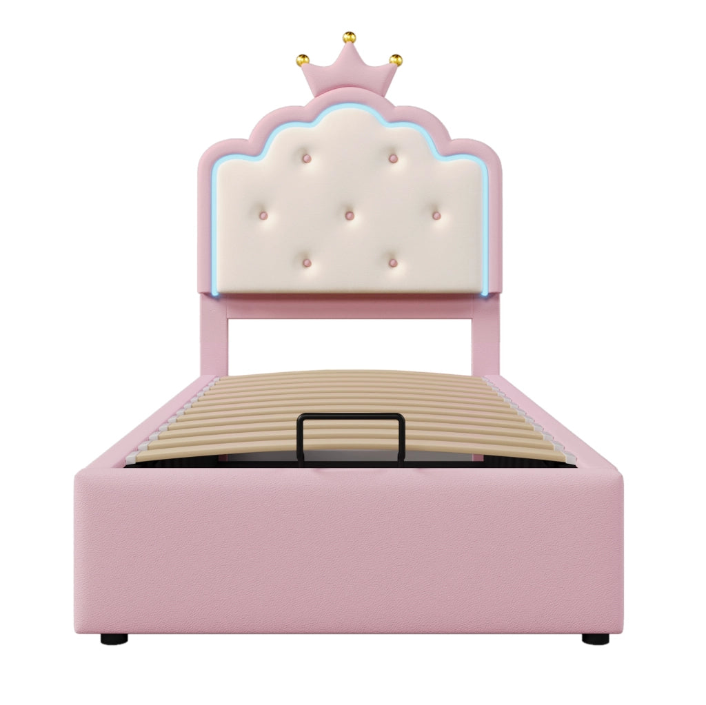 Letto per bambini imbottito 90x200 cm in PU e MDF con luce LED e contenitore; rosa