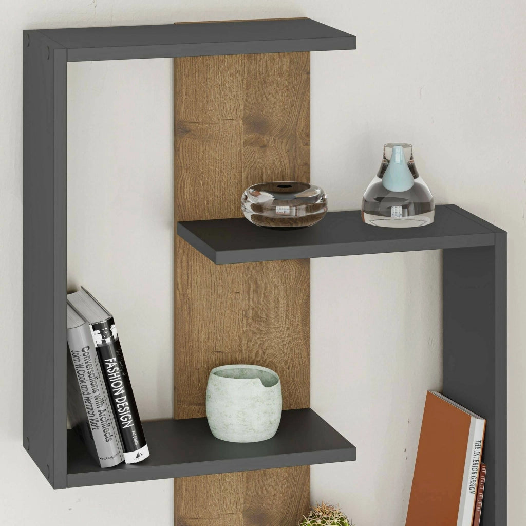 Mensola Irmina, Scaffale, Ripiano a muro, Scaffalatura multiuso, 64x22h85 cm, Antracite e Rovere