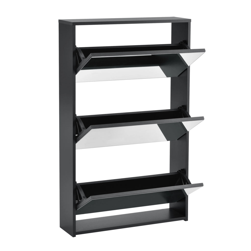 Scarpiera Vogar con 3 Contenitori Ribaltabili Mobile Portascarpe con Ante a Specchio 103x63x17 cm Nero [en.casa]