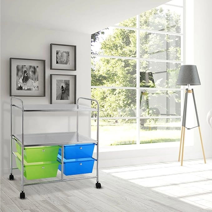 Carrello con 4 Cassetti e 2 Ripiani, Carrello Portaoggetti con Ruote per Cucina Bagno Ufficio, Multiuso, 58,5x37x75 cm (Blu+Verde)
