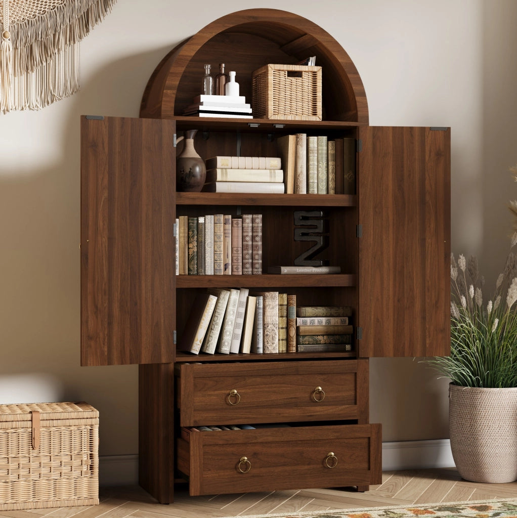 Credenza 80x40x180 cm con ripiani aperti e doppio cassetto in MDF noce