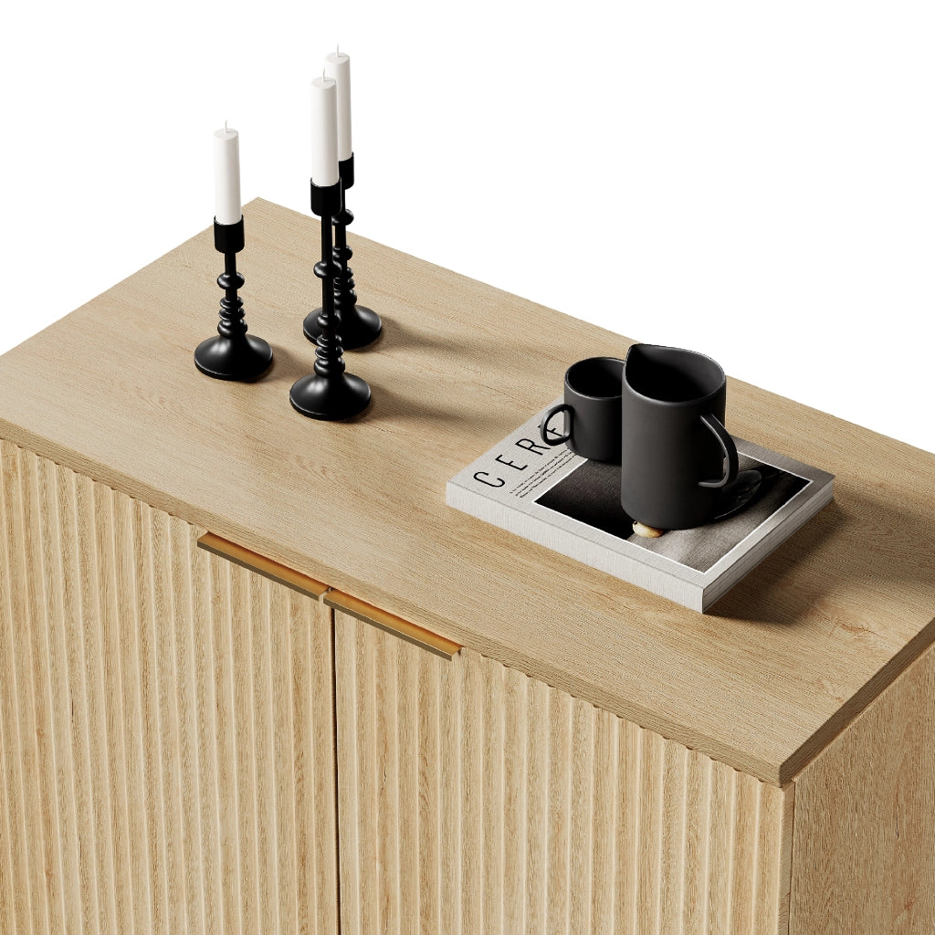 Credenza a 2 ante con frontale scanalato in MDF effetto rovere, vano nascosto e base stabile, 80 × 40 × 80 cm