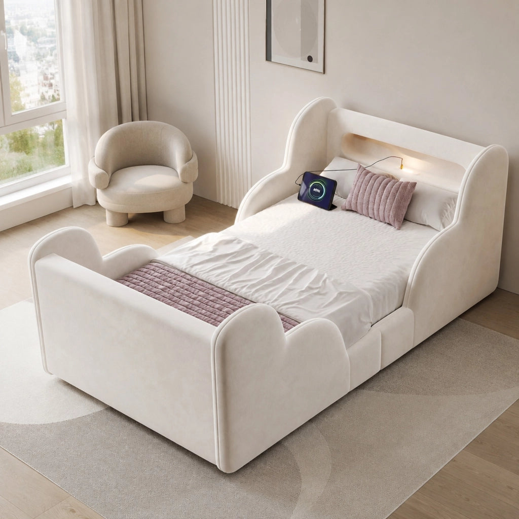 LETTO 90x200 cm in velluto beige con sponde, luce notturna e presa USB Type-C
