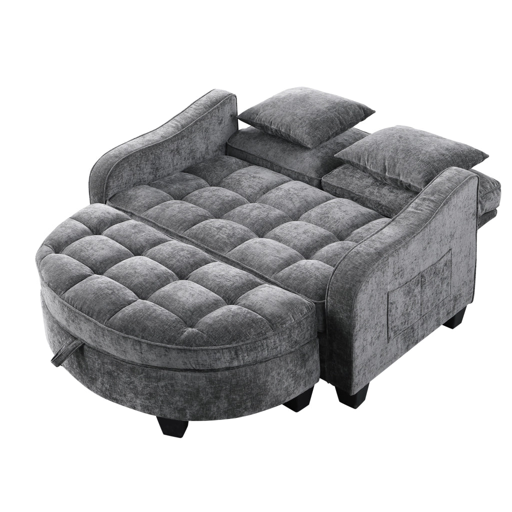 Divano letto 132x129x93 cm convertibile con pouf contenitore in eucalipto grigio scuro
