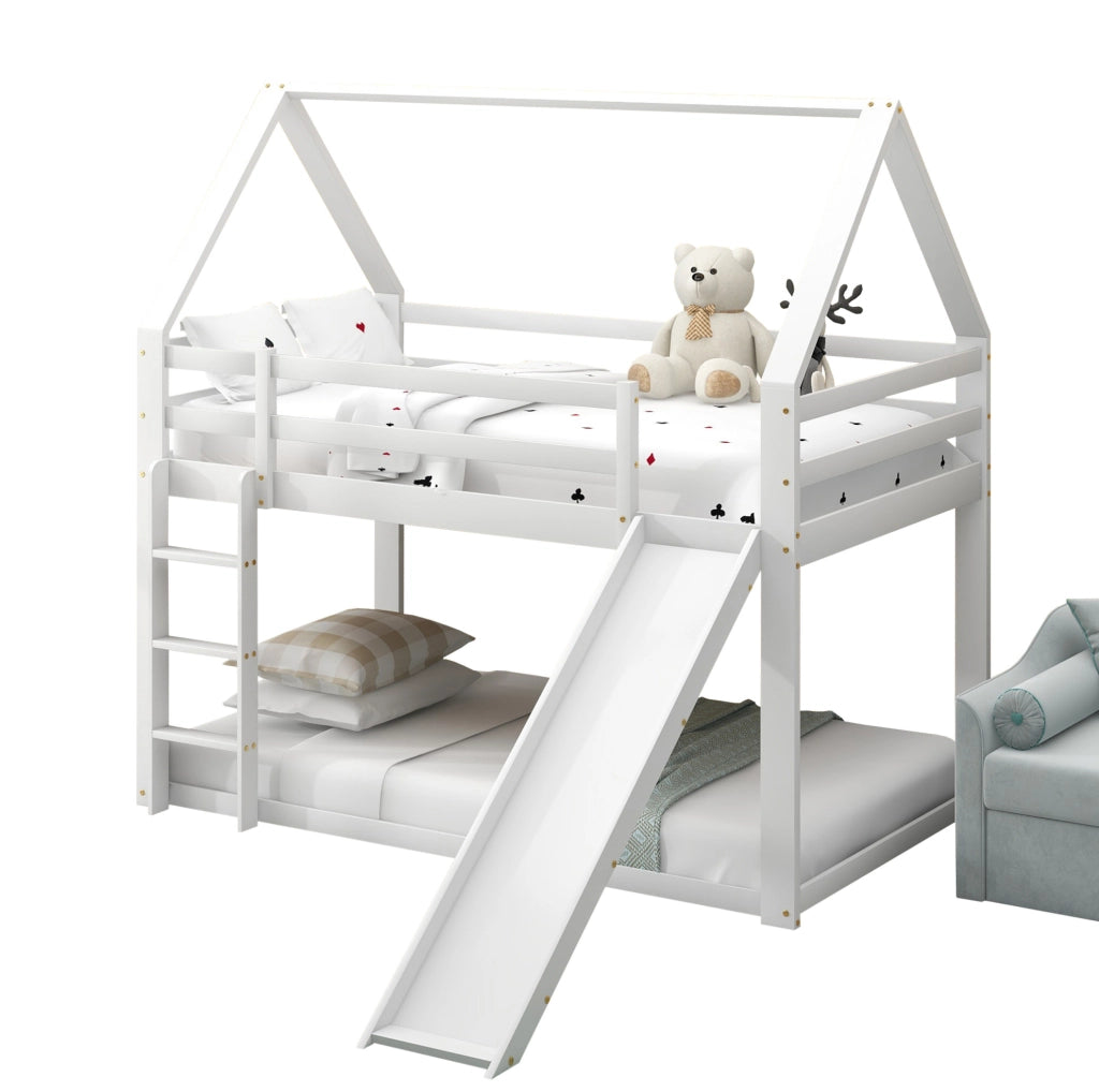 Letto a castello a forma di casa con scivolo e scala, bianco, 90 x 200 cm