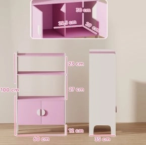 Libreria per bambini rosa con vani aperti e armadietti, 60 x 35 x 100 cm