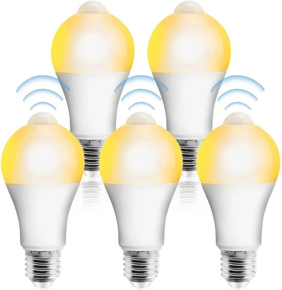 Set di 5 Lampade a LED con Sensore di Movimento PIR - 12 W - 1100 Lumen - 2700 K - E27 Fissaggio - Non Dimmerabile - Lampada a Movimento