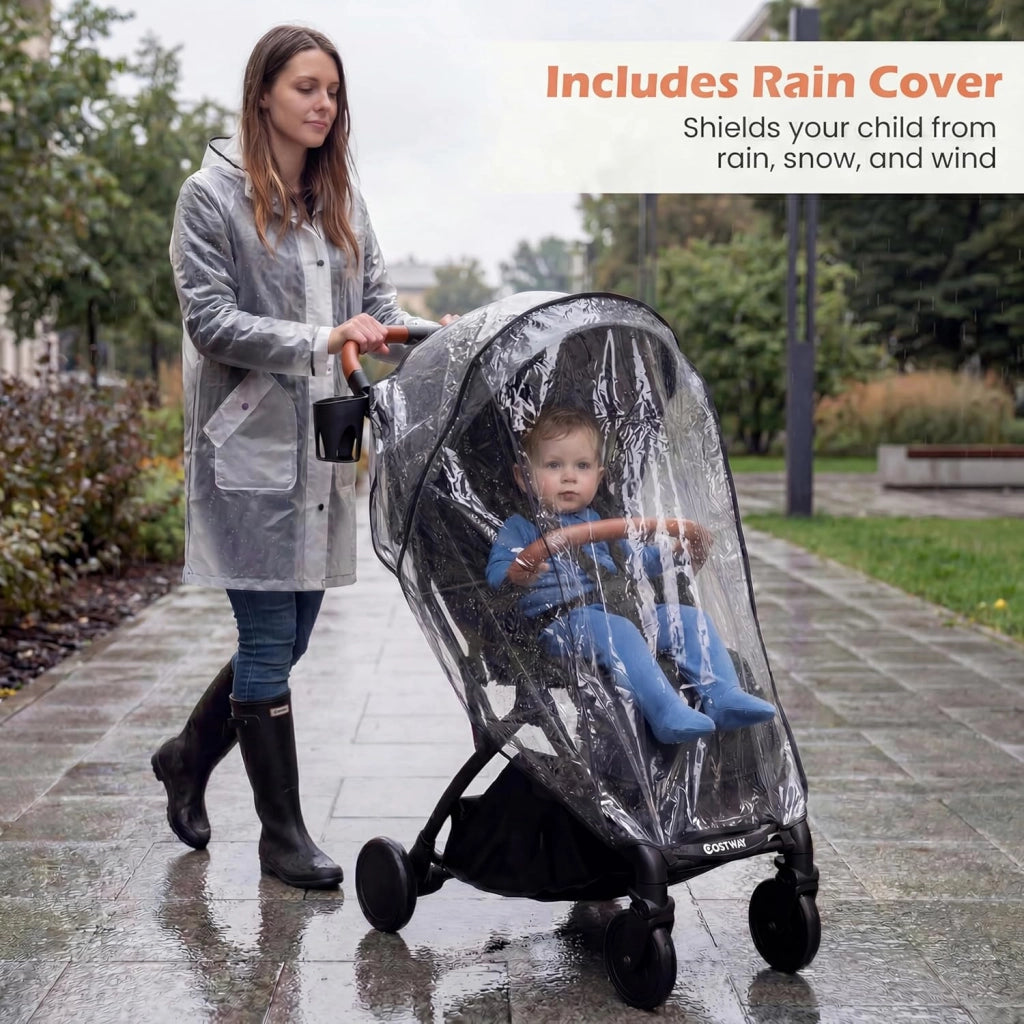 Passeggino Leggero per Bambini e Neonati, Passeggino Pieghevole e Portatile con Ruote, Schienale Regolabile, Tettuccio, Cintura di Sicurezza, Cesto e Copertura Antipioggia (Grigio)