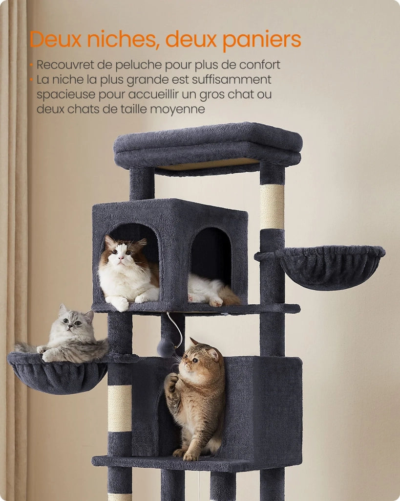 Tiragraffi torre per gatti alta 175 cm rifugio per gatti a più livelli con 2 cucce 2 cestini 5 tiragraffi trespolo autopulente amaca grigio tortora pct182g01 12_0003882