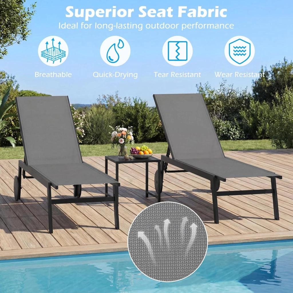 Set di 2 Sdraio da Giardino Reclinabili, Sedia da Abbronzatura Piatta in Metallo Resistente con Schienale 6 Posizioni e Tessuto Traspirante, per Bordo Piscina e Terrazza (Grigio,2)