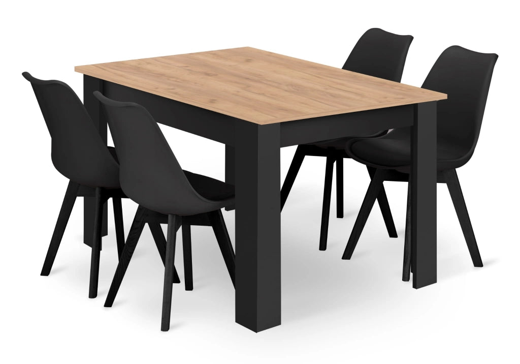 Tavolo rettangolare VALORA con 4 sedie RIXK nere x4