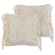 Set di 2 cuscini in cotone e macramè con frange e motivo intrecciato beige stile boho elegante salotto