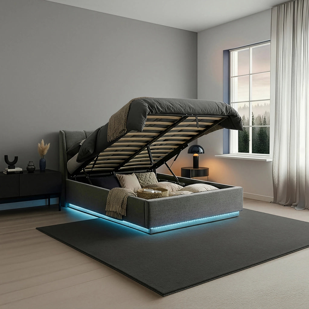 Letto Contenitore Tröstiar con Luce LED Letto Francese con Materasso 140x200 cm Antracite [en.casa]