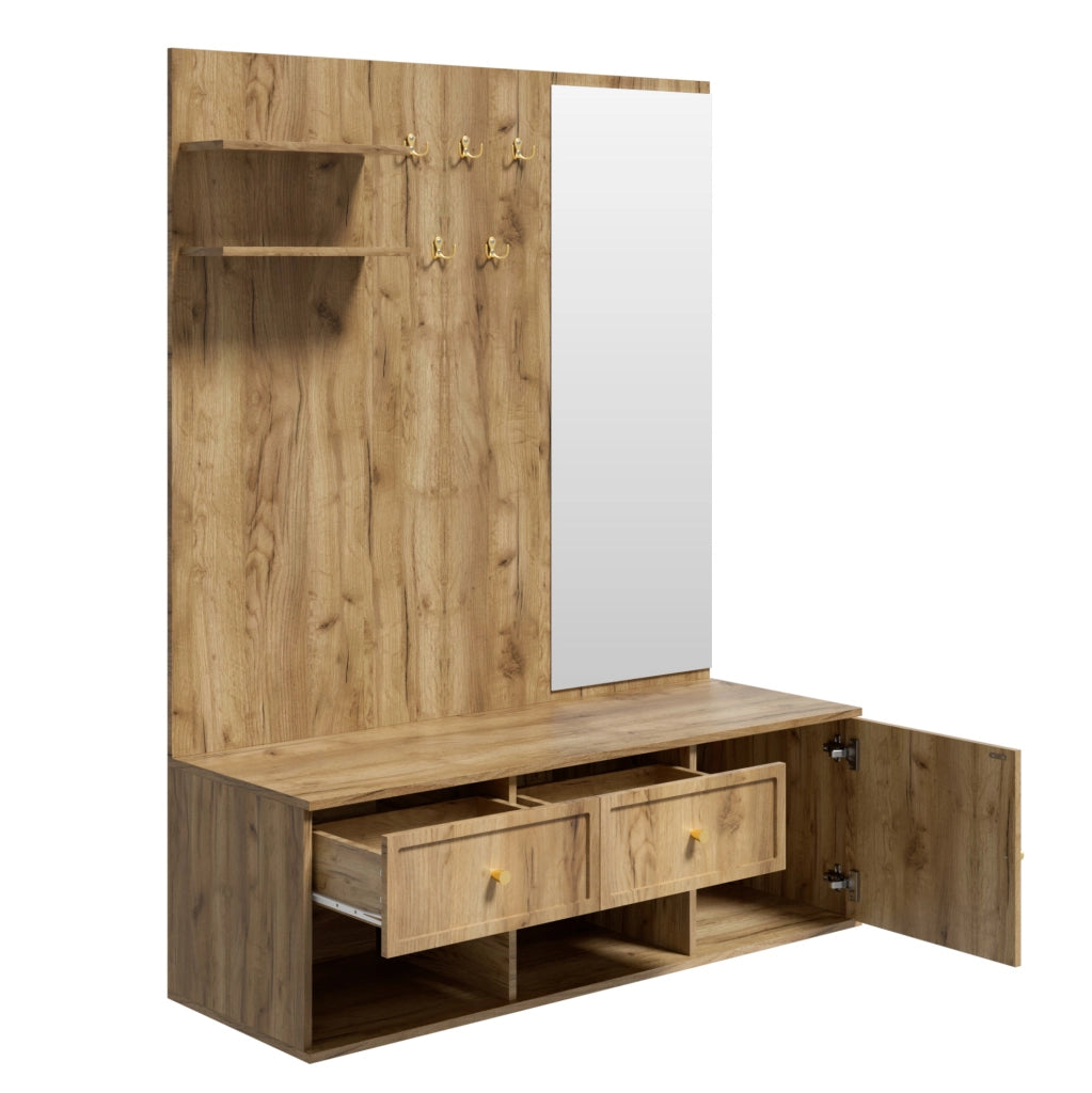 Guardaroba ingresso 120x35x159 cm con specchio; 5 ganci e 2 cassetti; effetto legno naturale
