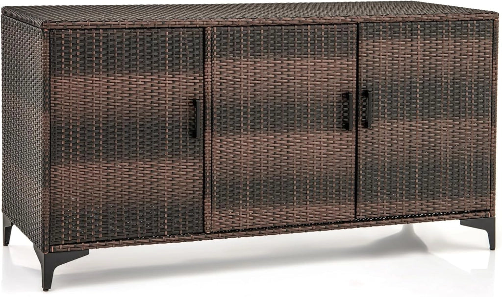 Armadio da Giardino in Rattan Wicker con 3 Porte e Ripiani Rimovibili, Armadio da Esterno Impermeabile per Cuscini, Giochi da Piscina, Strumenti da Giardinaggio (Marrone)
