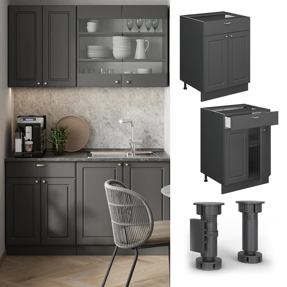 Vicco Mobiletto base per cucina Landhaus antrazit-oro 60 cm con cassetto, PL Rovere