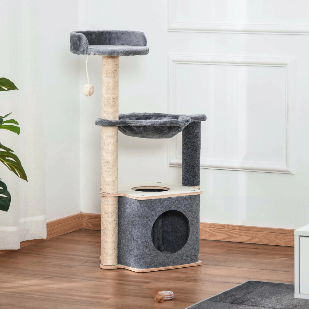 Albero Tiragraffi per Gatti con Casetta e Amaca ¨C Zephmum ¨C Grigio 48x34x95cm