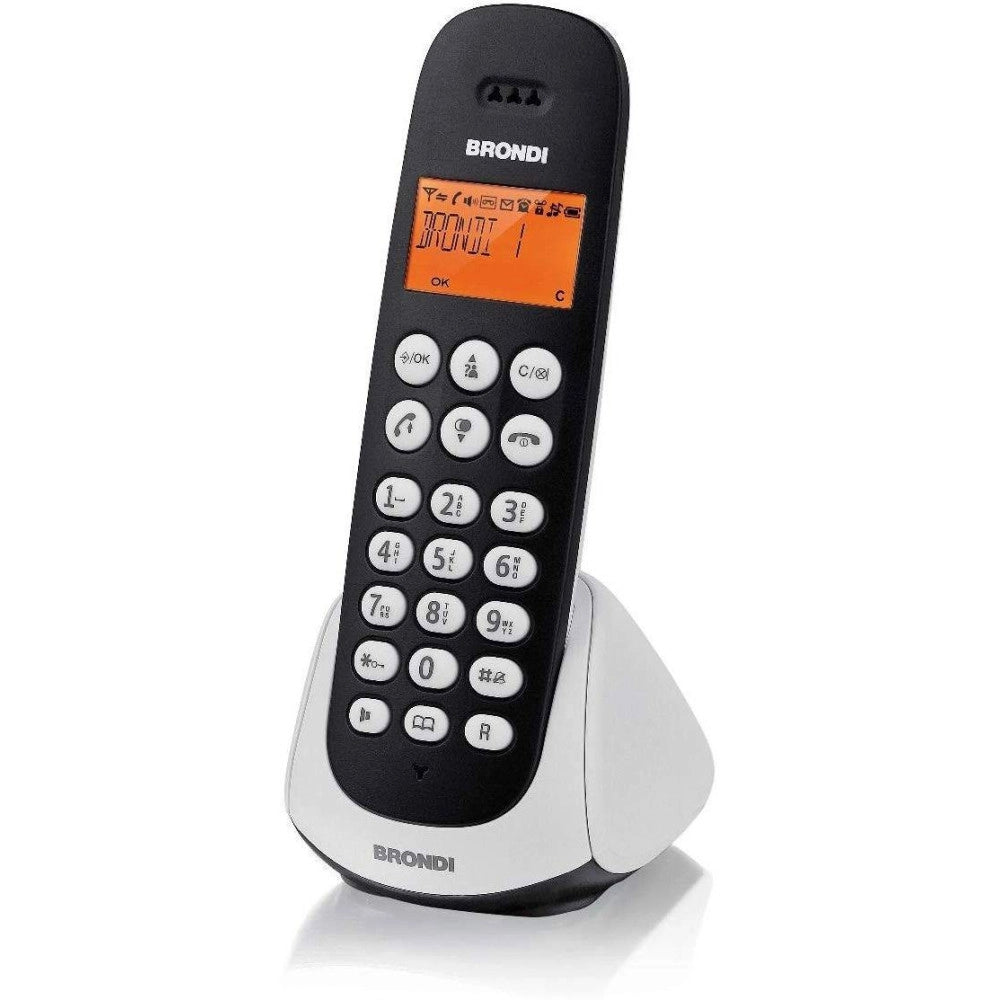 Trade Shop - Telefono Cordless Brondi Adara Bianco Nero Retroilluminato Con Sveglia Vivavoce -