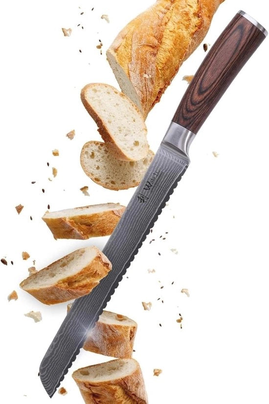 Coltello da pane a damasco con lama a scaglie - Coltello da cucina professionale in acciaio 67 strati e impugnatura in legno di paccia (23 cm)