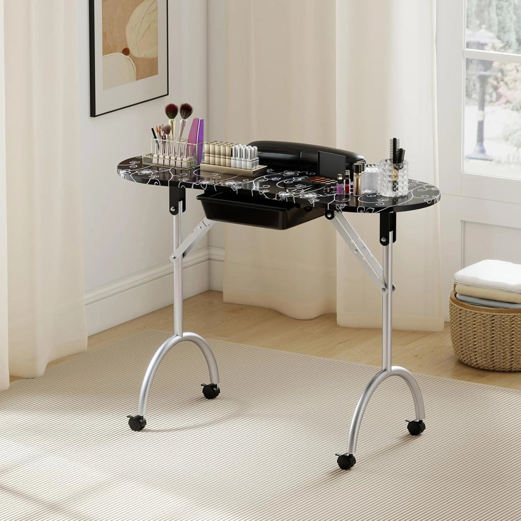 COSTWAY Tavolo Manicure Pieghevole, Tavolo Unghie Estetista Portatile con Ruote, Cassetto, Cuscino Poggiapolsi e Borsa