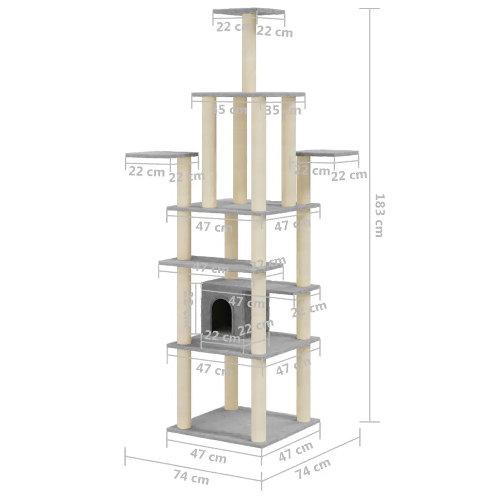Albero per Gatti con Tiragraffi in Sisal Grigio Chiaro 183 cm 171483