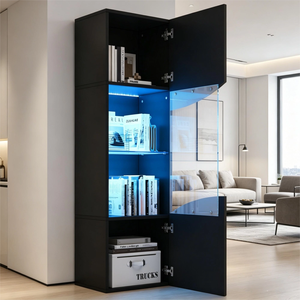 Vetrina alta con 4 ripiani e LED per soggiorno, design stretto, in vetro temperato, nero lucido, 35 × 50 × 165 cm