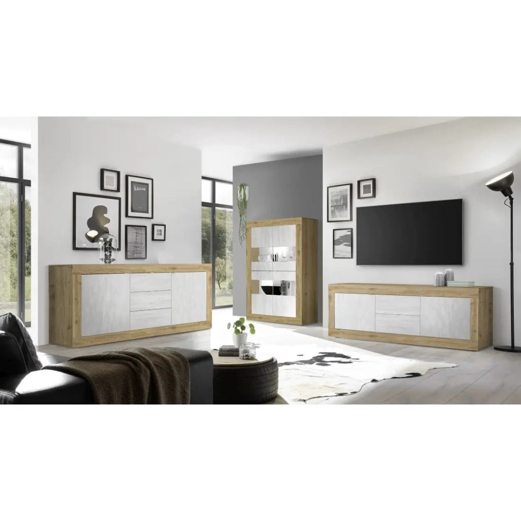 Vetrina design 4 porte collezione ACCESS. Colori bianco e rovere chiaro.