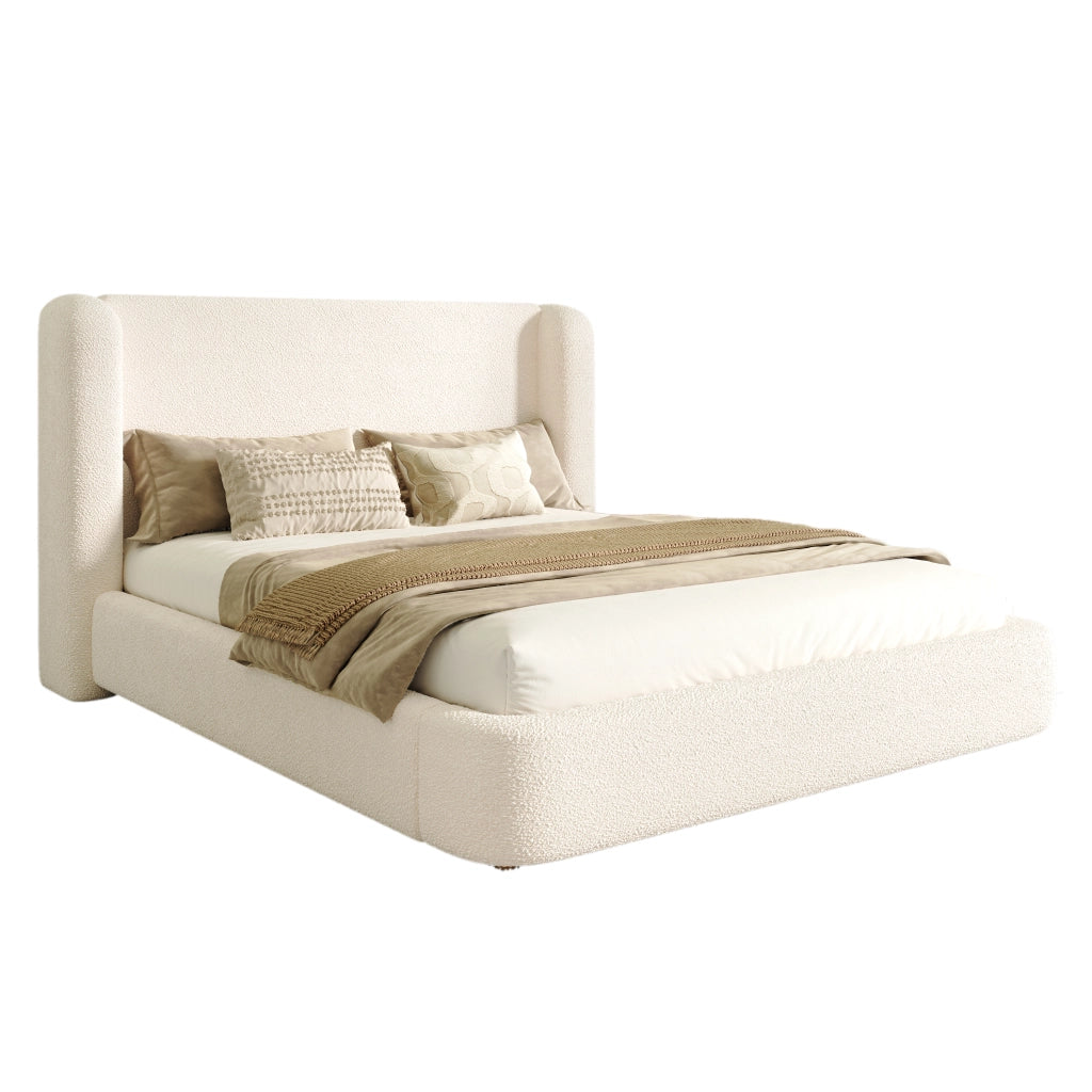 Letto matrimoniale king size 180x200 cm imbottito con testiera e rete a doghe; tessuto bouclé beige