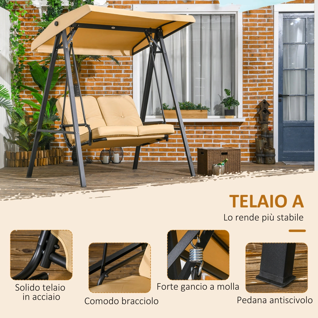 Dondolo 2 Posti in Acciaio e tessuto Teslin con Tettuccio Regolabile e Cuscini, 145x116x172 cm, Beige
