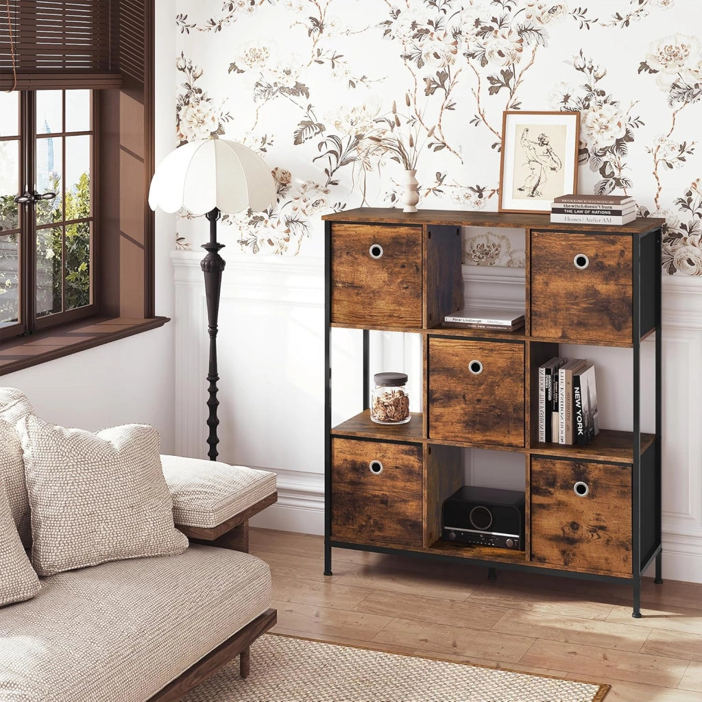 Scaffale per Libri, Scaffale con 4 Cubi Aperti e 5 Cassetti in Tessuto non Tessuto, Unità di Stoccaggio Industriale per Soggiorno/Camera da Letto/Ufficio, Legno Ingegnerizzato, RGB64vbn