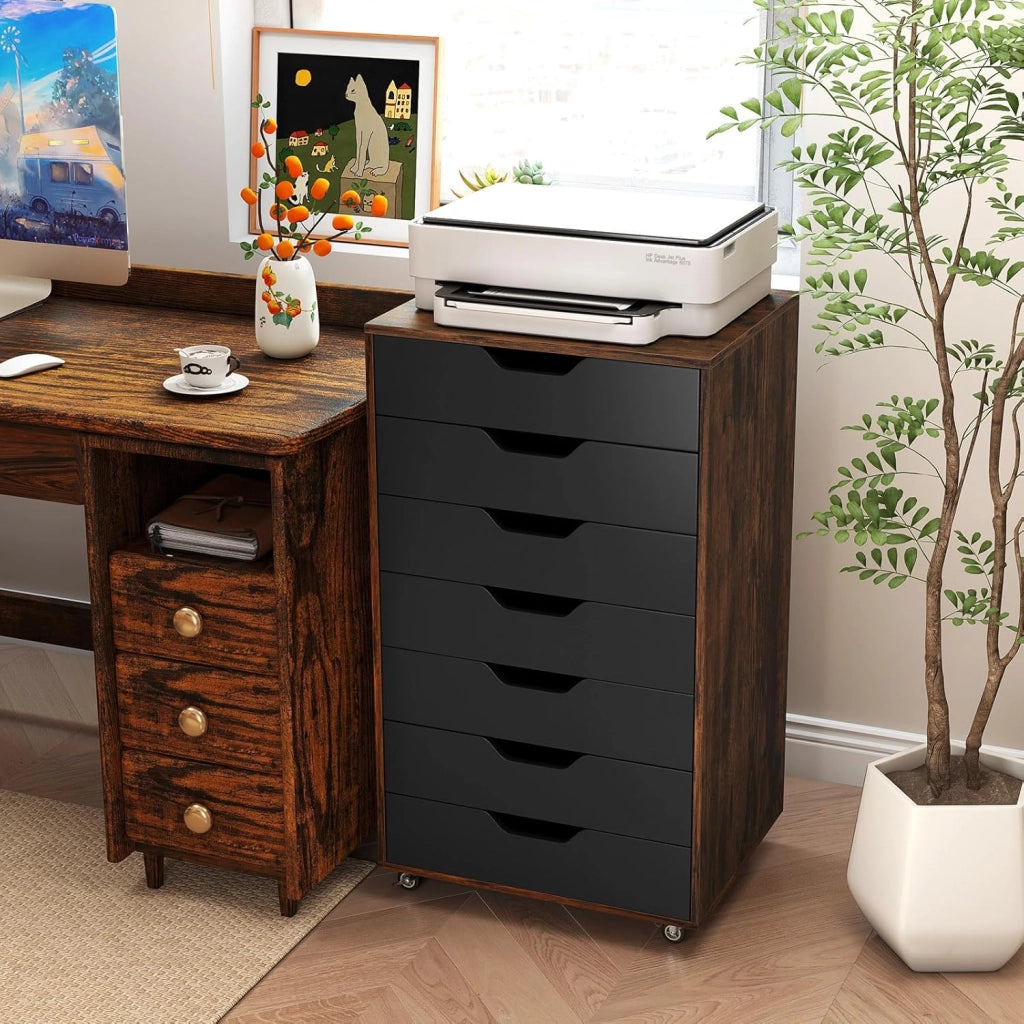 Cassettiera con 4 cassetti e 2 armadi, armadietto con ruote, in legno sotto scrivania, scrivania per stampante a casa e ufficio (nero e marrone, 49 x 40 x 87 cm)