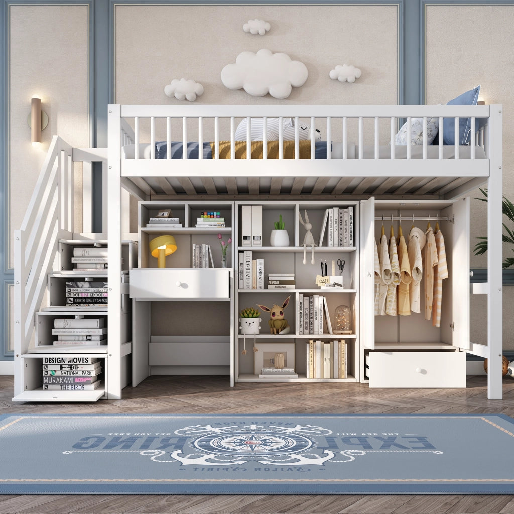 LETTO MULTIFUNZIONALE 90x200 cm BIANCO LEGNO MASSELLO + MDF