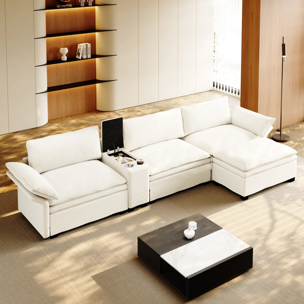 Divano Angolare Modulare con Contenitore, Luce e Speaker ¨C MINIMAL ¨C Chenille Beige/Bianco 315cm