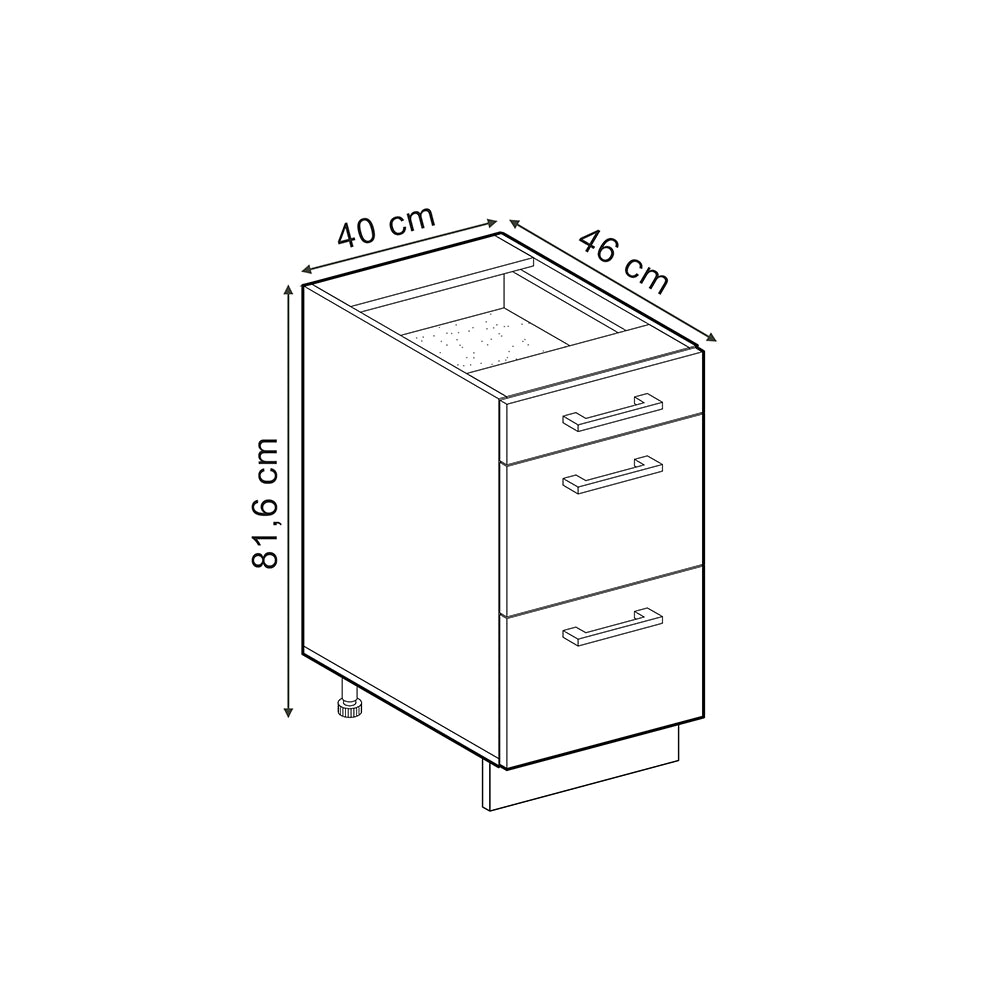 Mobiletto base per cucina R-Line Rovere artigianale/Bianco 40 cm con cassetti, PL Rovere Vicco