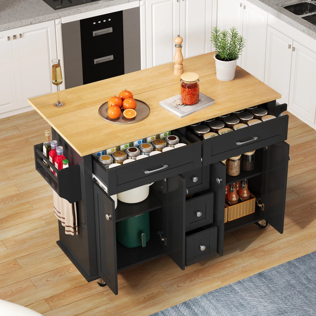 Carrello cucina multifunzione con piano ribaltabile, 5 cassetti, mobili contenitori e ruote frenanti, nero e naturale