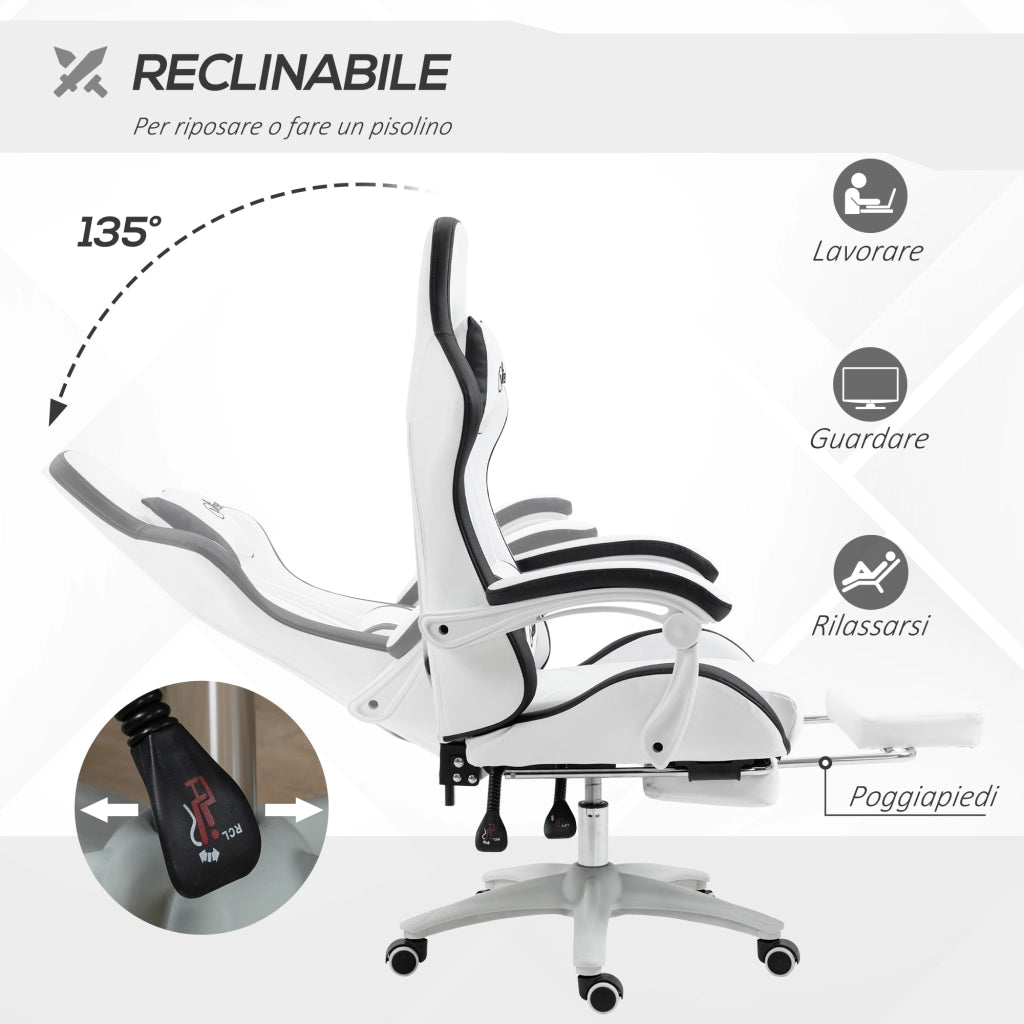 Sedia da Gaming con Altezza Regolabile e Schienale Reclinabile, 65x65x121-129 cm, Bianco e Nero