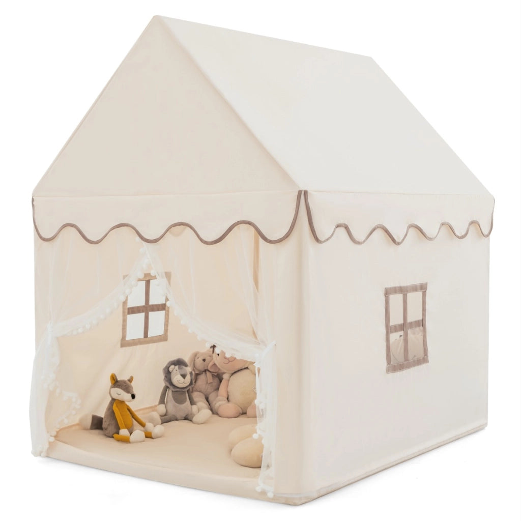 Casetta con tenda struttura in legno e tappetino di cotone, Casa con tenda porta e finestra per bambini Marrone