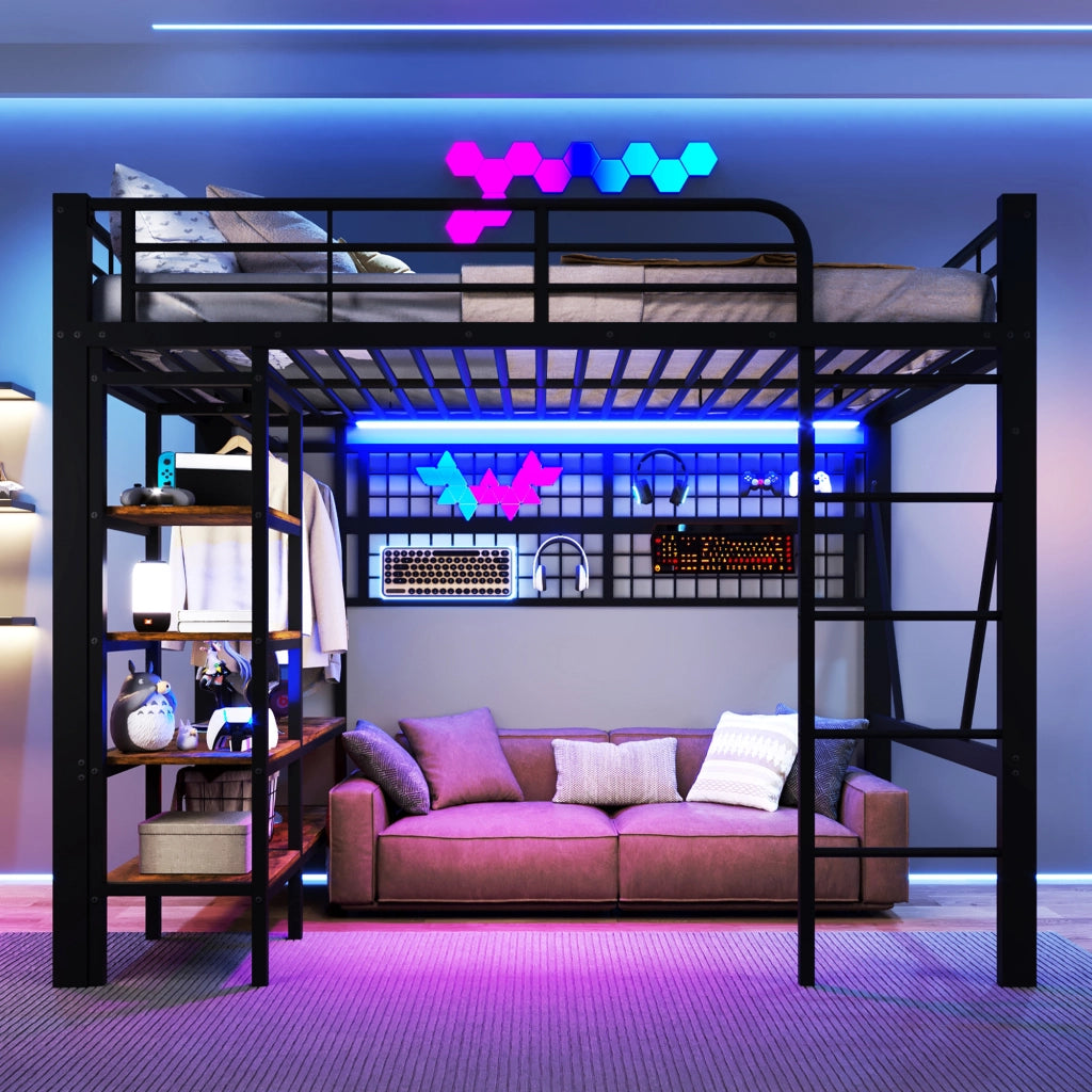 LETTO a soppalco 140x200 cm in Metallo e MDF Nero con LED e vano a giorno