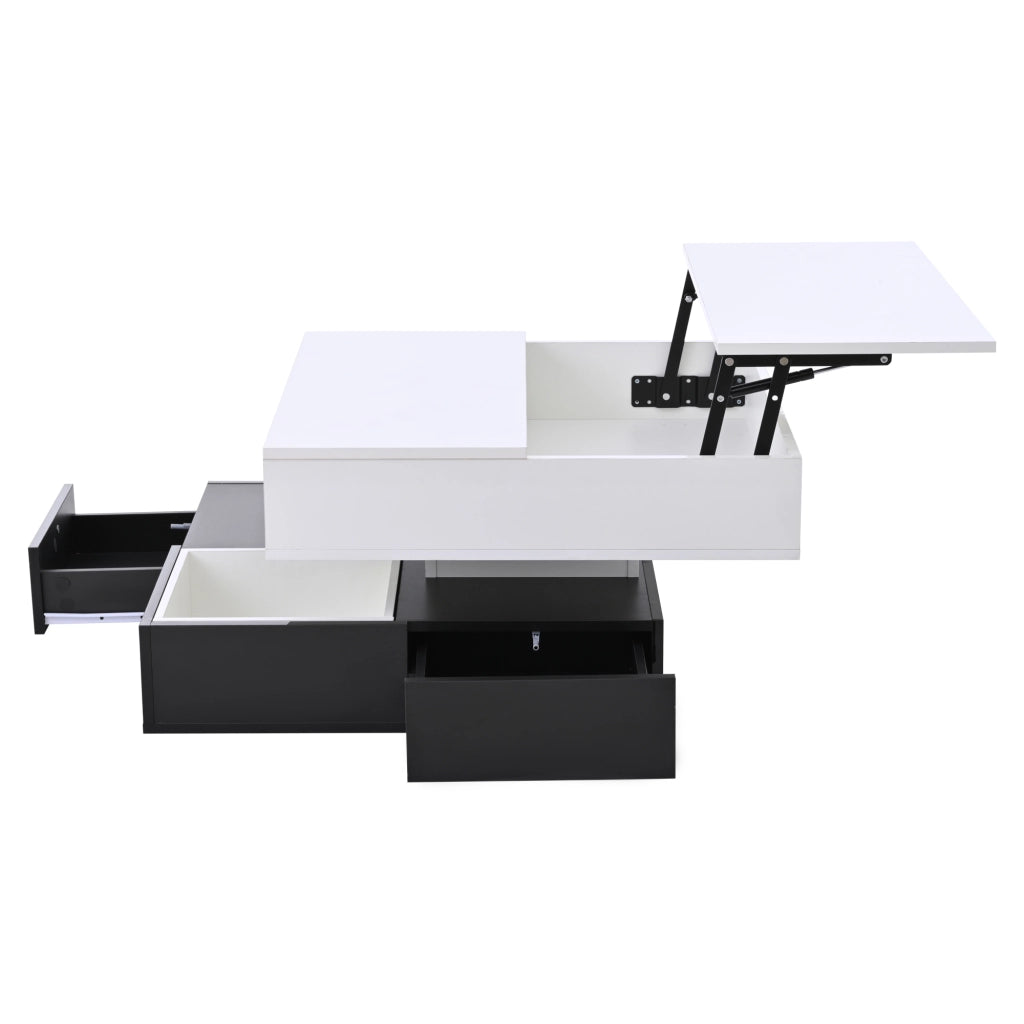 Tavolino da caffè alzabile con piano girevole a 360° e 3 cassetti; vano aperto; finitura lucida; soggiorno; 70 × 70 × 40 cm