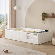 Letto singolo imbottito 90 × 200 cm con barriera, ricarica USB e tipo C, senza materasso, in MDF e PU, bianco