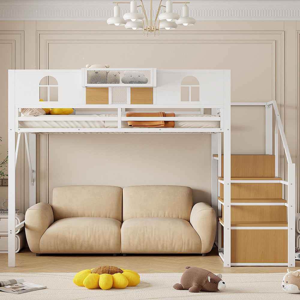 Letto a Soppalco Metallo 140x200cm - Xylo - con Scala e Contenitore, Bianco