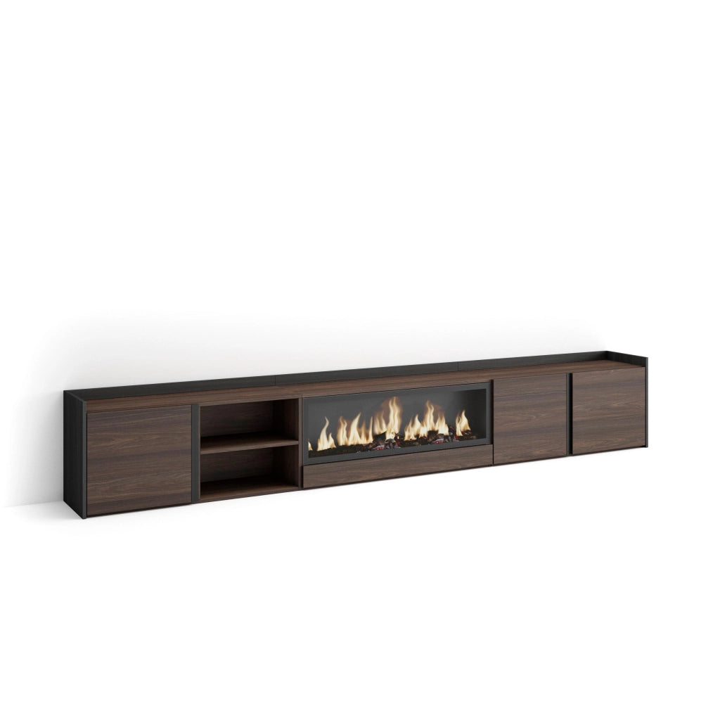 Mobile TV Soggiorno, 315x50x35 cm, Per TV fino a 80", Camino elettrico XXL, Rovere scuro e Nero