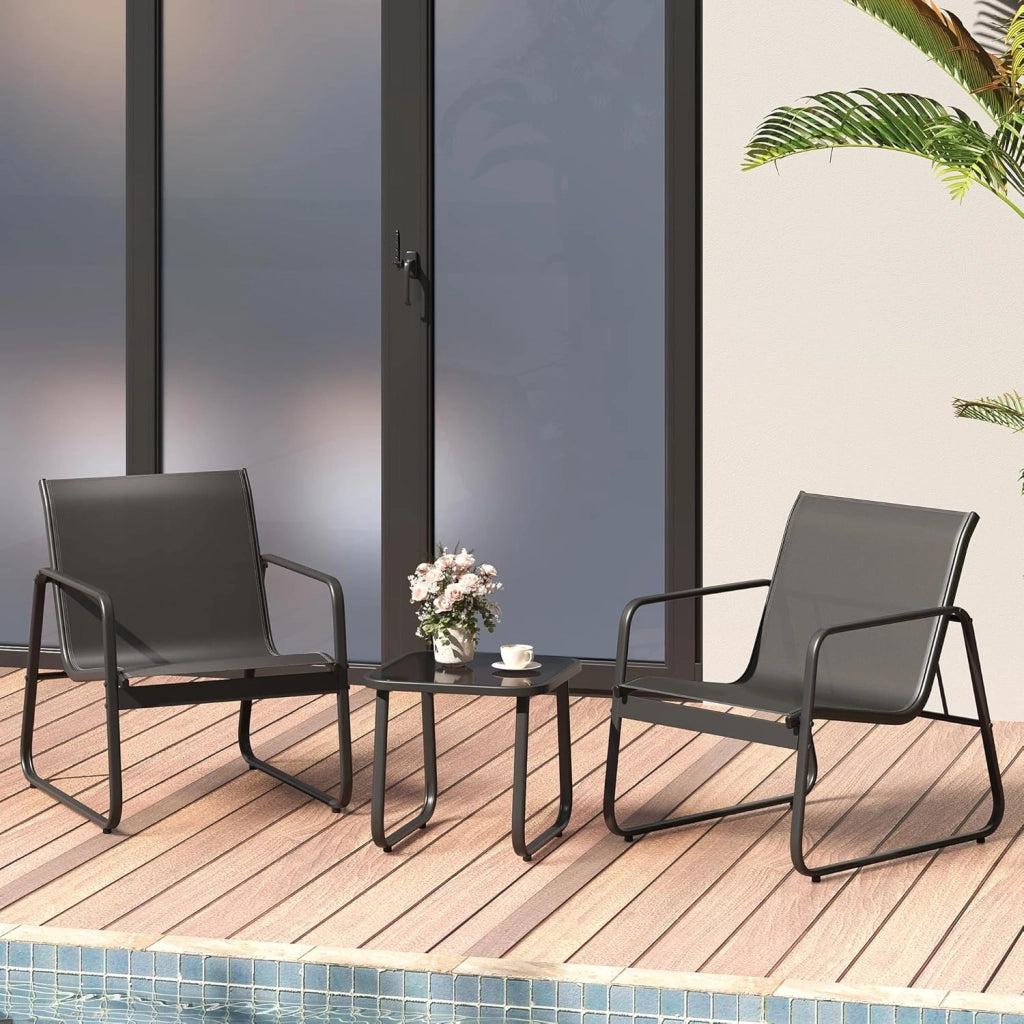 Set Mobili da Giardino 3 Pezzi - Salottino da Esterno con 2 Poltrone Ergonomiche e 1 Tavolino in Vetro Temperato - Set Bistro in Metallo e Textilene Traspirante per Balcone, Terrazzo e Patio