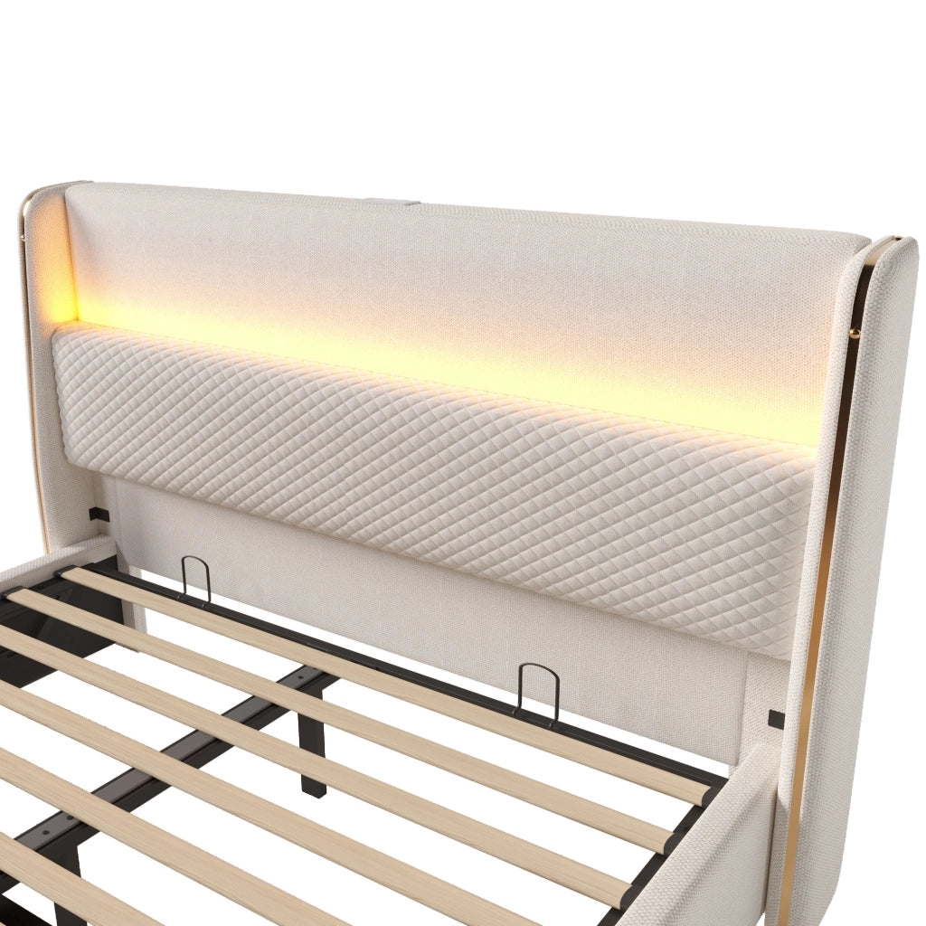 Letto matrimoniale 140x200 cm con testiera alta; LED; contenitore; USB e Tipo C; beige; con materasso